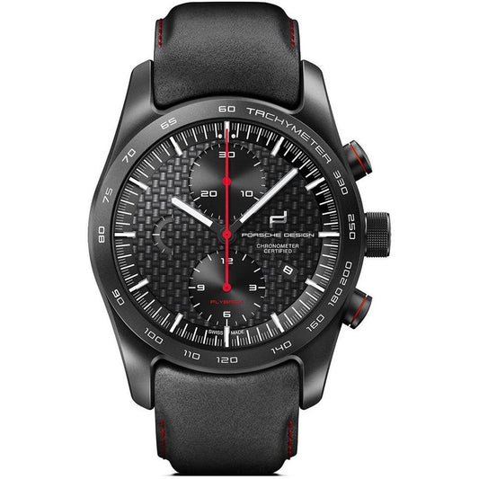 Black Porsche Design watch with detailed face on a white background