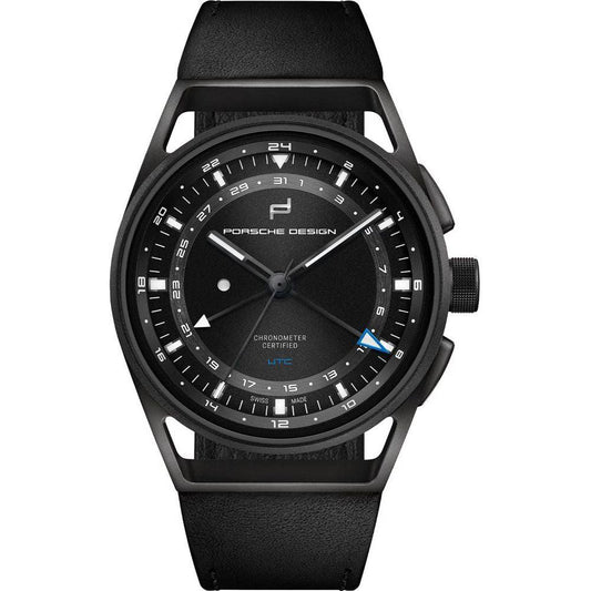 A black Porsche Design men's watch with a leather bracelet, black dial, and titanium case.