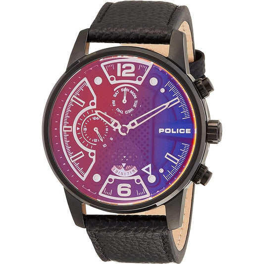 A black leather band analog watch with a black stainless steel case and a multicolored dial..