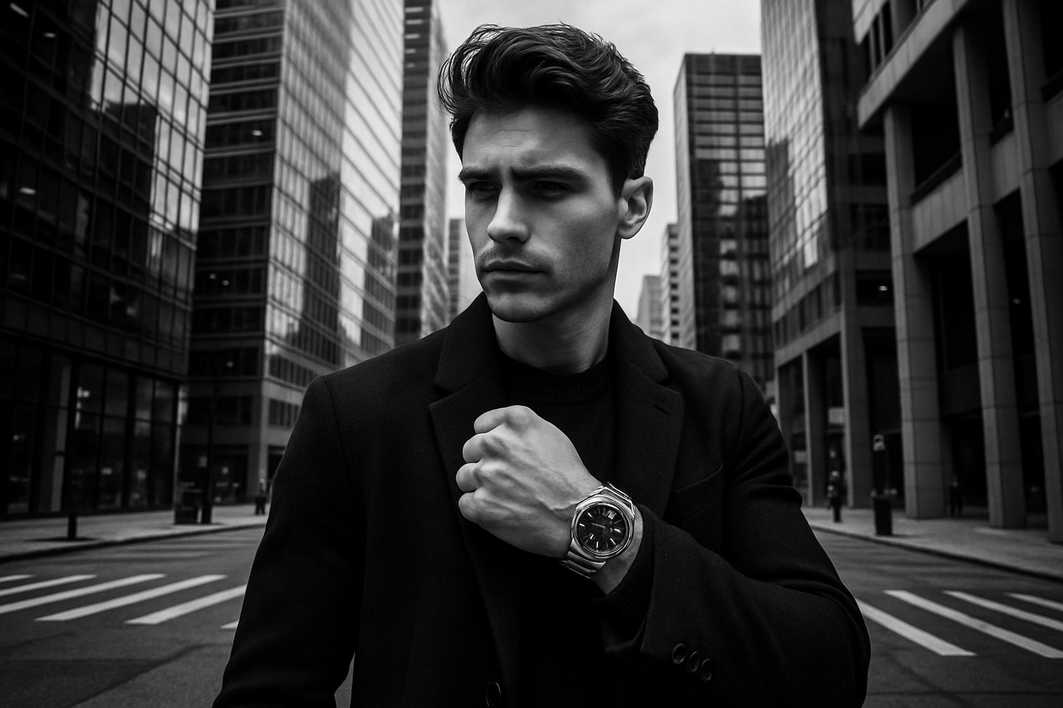 Urban city modern, black and white tone, young man stylish showing his watch on his wrist