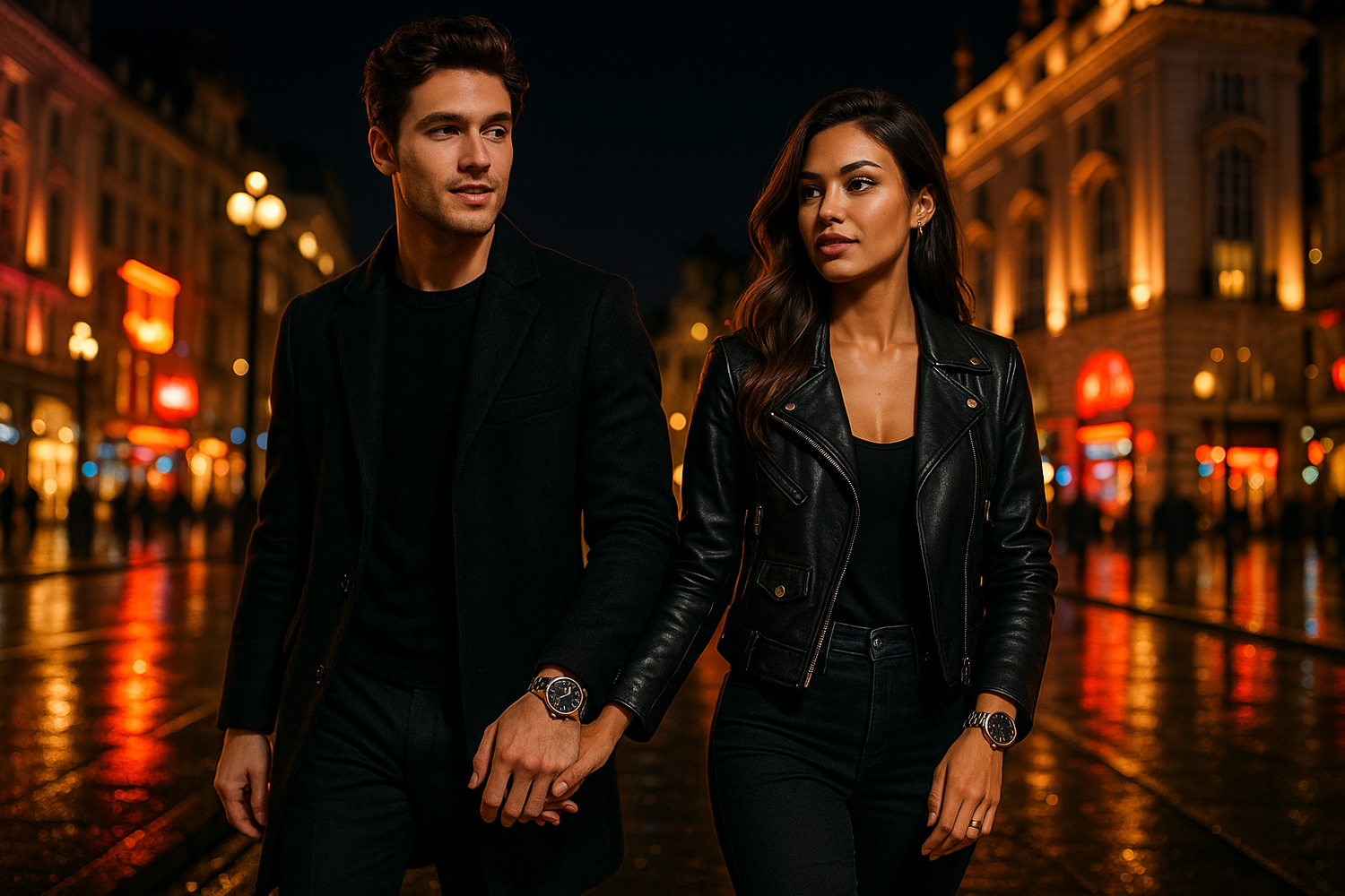 young good looking couple walking by night in Central London UK, and ty both wear wristwatches , they re stylish modern, fashion, everything a young adult would want to be